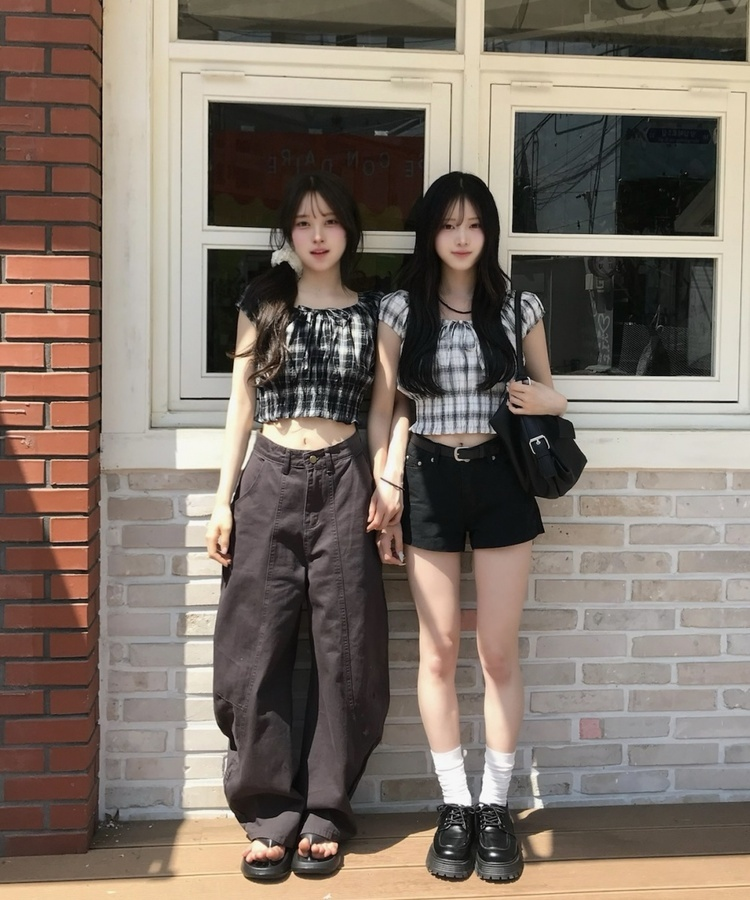 크롭 기장 체크 블라우스 블랙