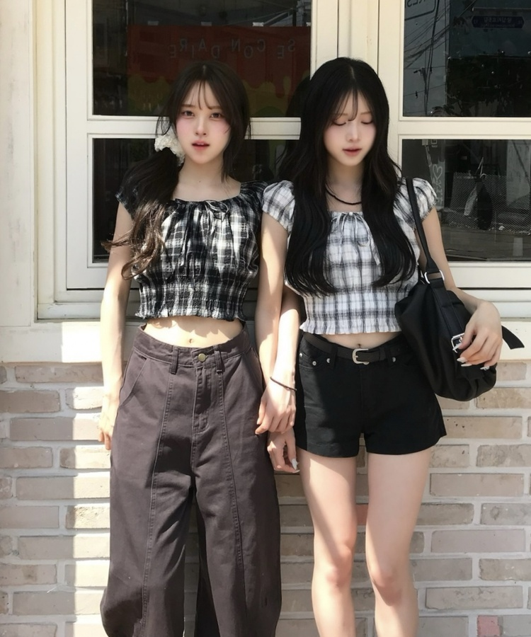 크롭 기장 체크 블라우스 블랙