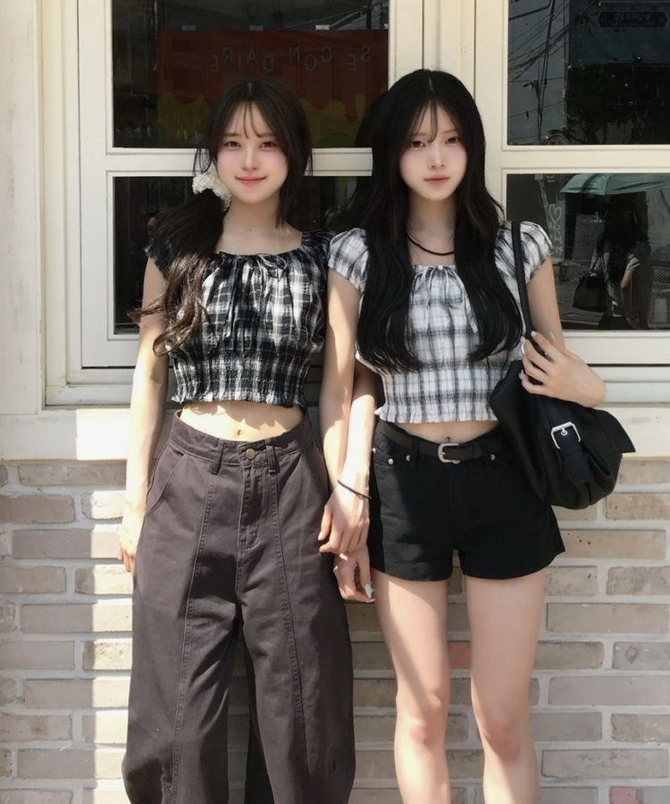 크롭 기장 체크 블라우스 블랙