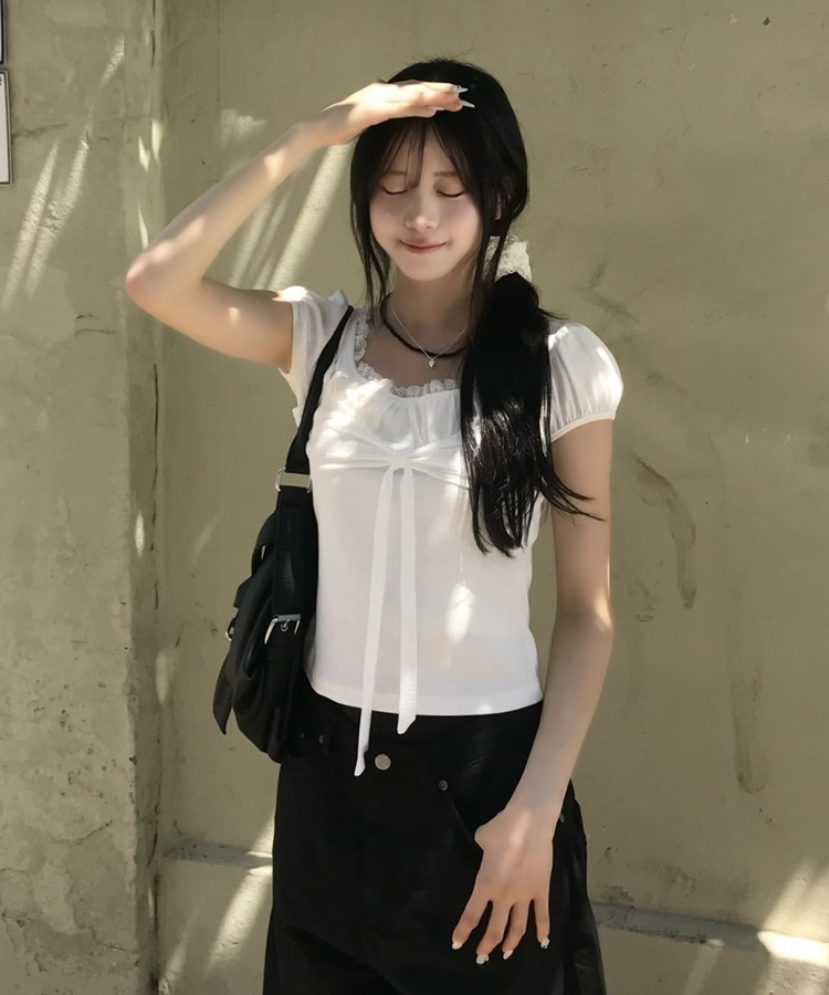 레이스 레이어드 반소매 티셔츠 화이트