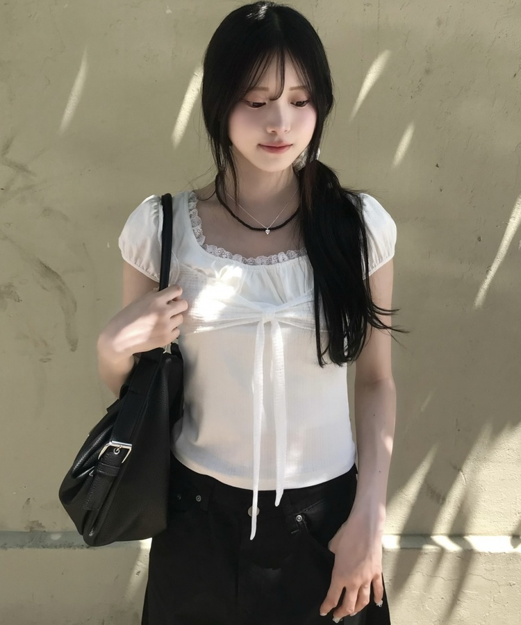 레이스 레이어드 반소매 티셔츠 화이트