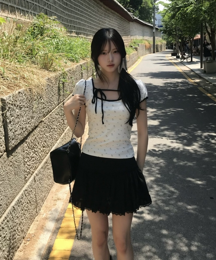 잔꽃 리본 배색 티셔츠 화이트