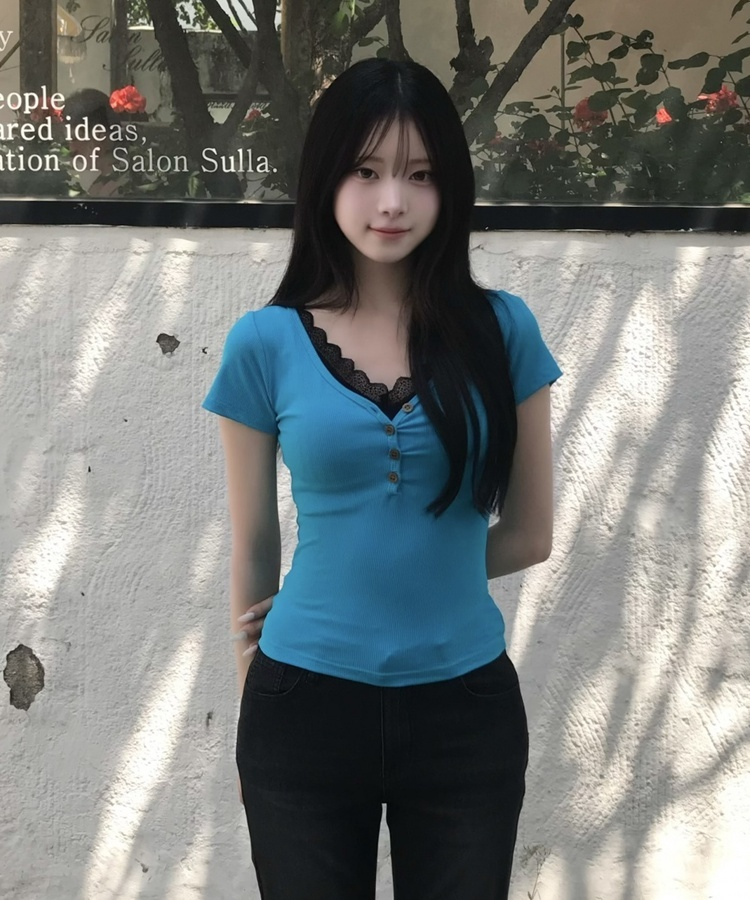 딥 V넥 버튼 반소매 티셔츠 아쿠아블루