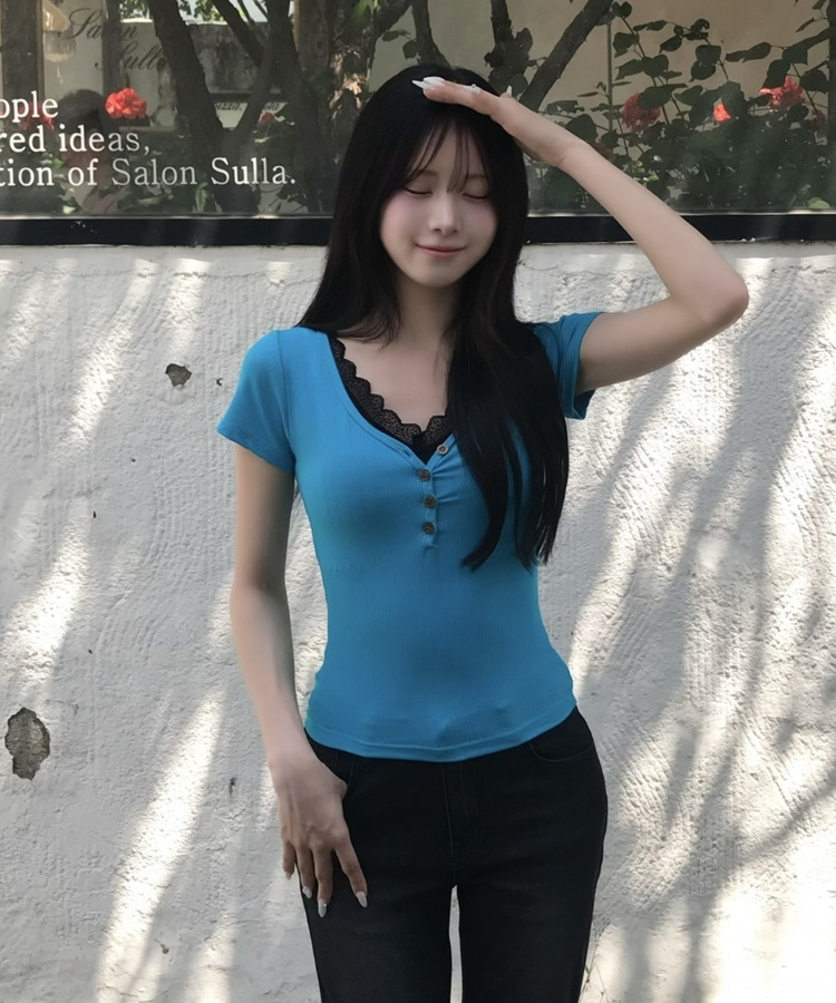 딥 V넥 버튼 반소매 티셔츠 아쿠아블루