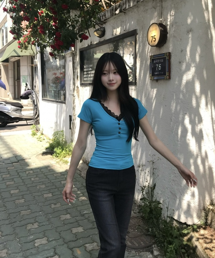 딥 V넥 버튼 반소매 티셔츠 아쿠아블루