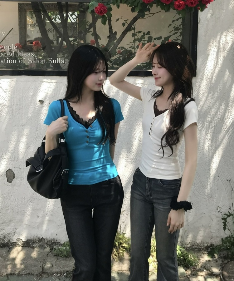 딥 V넥 버튼 반소매 티셔츠 아이보리