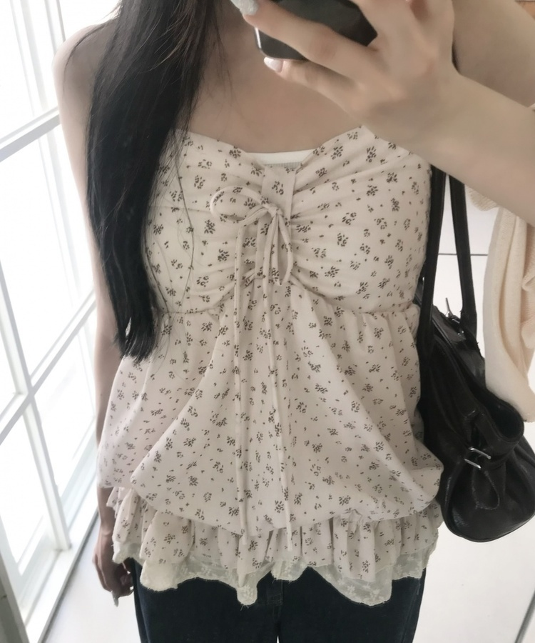 플라워 리본 프릴 캐미솔 베이지