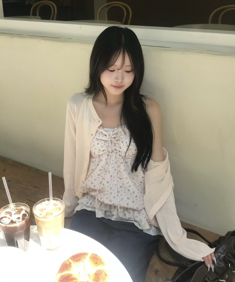 플라워 리본 프릴 캐미솔 베이지