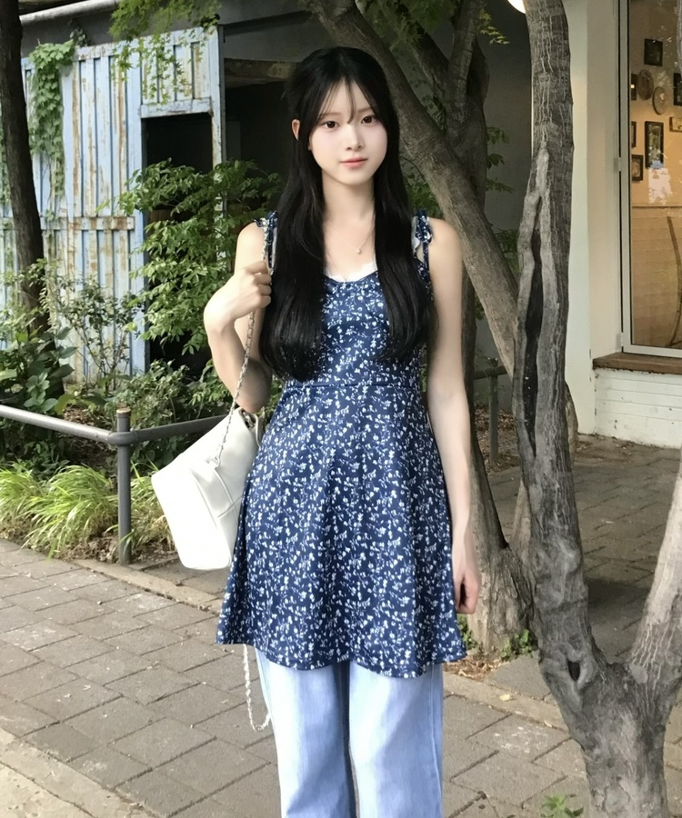 花柄フレアワンピース NAVY