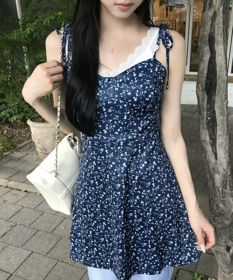 花柄フレアワンピース NAVY