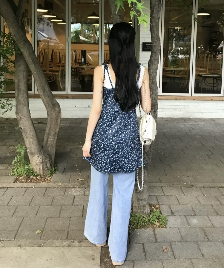 花柄フレアワンピース NAVY