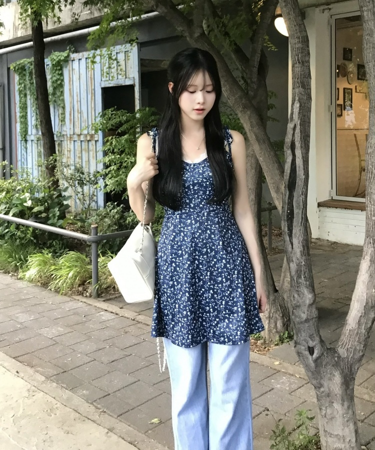 花柄フレアワンピース NAVY