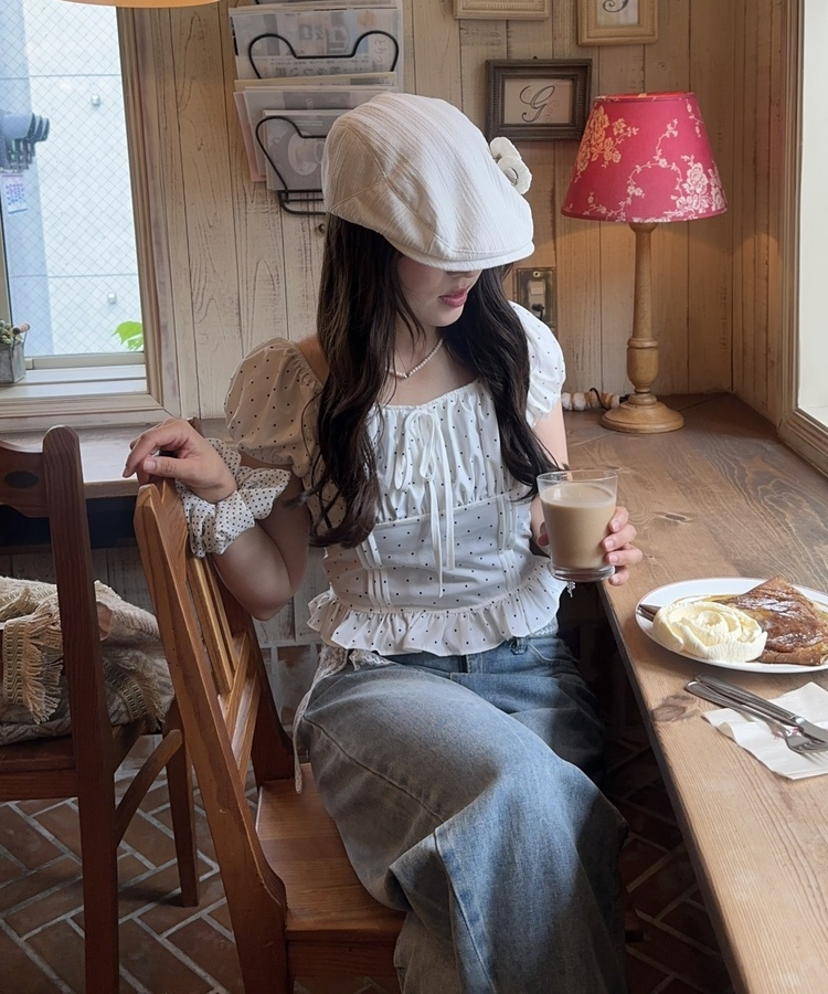 ドットフリル半袖ブラウス IVORY