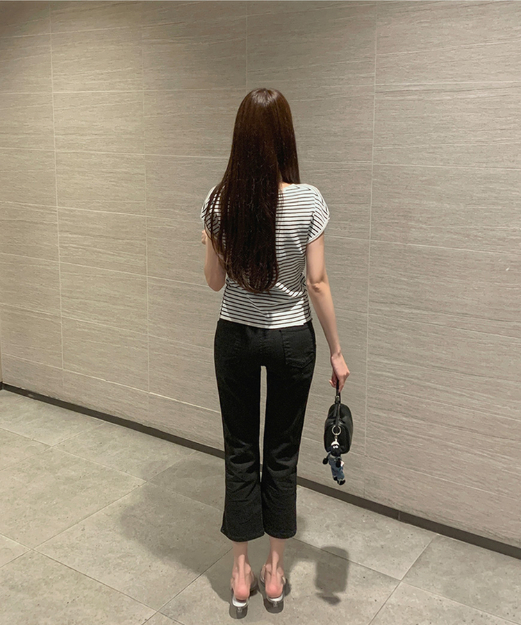 [드레이프,랩/고급무드]사이드 버튼 랩 드레이프 꼬임 셔링 반팔 니트 스트라이프 아이보리
