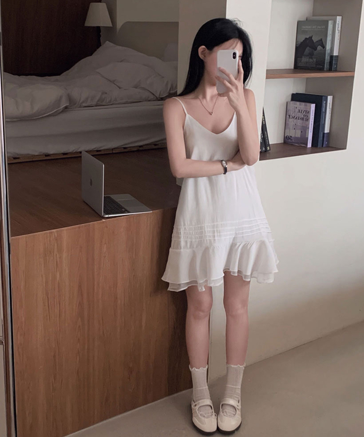 [찰랑!/한여름까지]다이어리 레이어드 나시 플레어 시스루 미니 원피스 아이보리