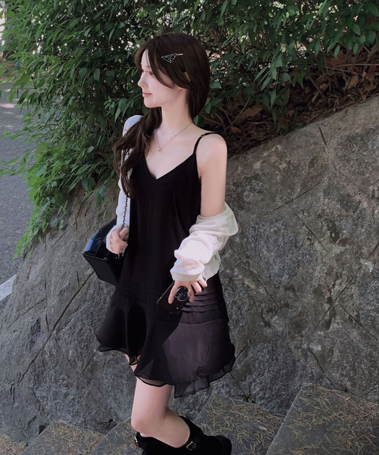 [찰랑!/한여름까지]다이어리 레이어드 나시 플레어 시스루 미니 원피스 블랙