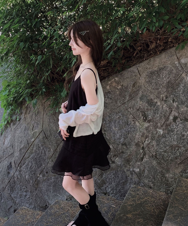 [찰랑!/한여름까지]다이어리 레이어드 나시 플레어 시스루 미니 원피스 블랙
