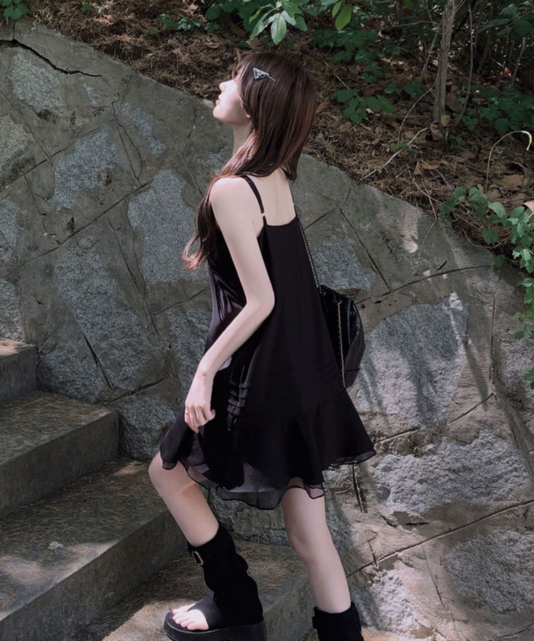 [찰랑!/한여름까지]다이어리 레이어드 나시 플레어 시스루 미니 원피스 블랙