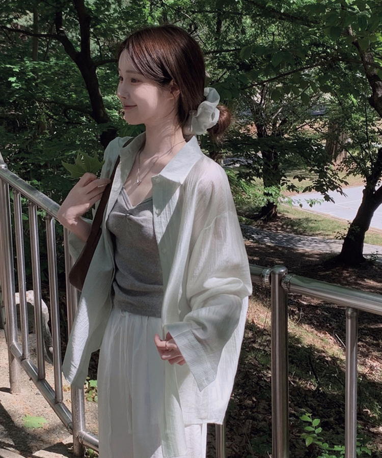 [머리끈SET/투피스/리오셀원단!]디어 리오셀 스크런치 세트 시스루 스트라이프 썸머 루즈핏 셔츠 민트