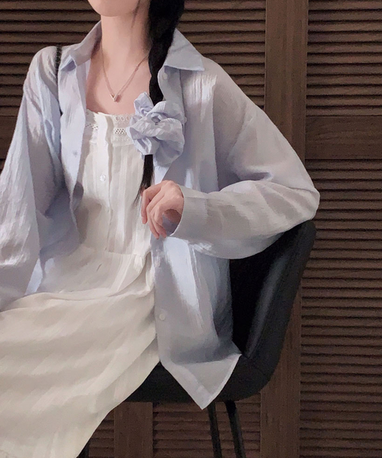 [머리끈SET/투피스/리오셀원단!]디어 리오셀 스크런치 세트 시스루 스트라이프 썸머 루즈핏 셔츠 소라