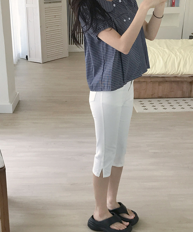 레빅 밑단트임 뒷포켓 6부 스판 코튼 카프리 팬츠 화이트