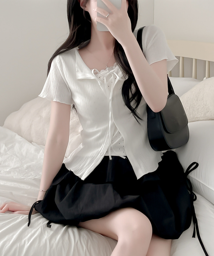 即日発送可能です XS ドットロンT タグ付き レイヤード風ドットTシャツ｜カーディガン｜韓国ファッション通販 SONA