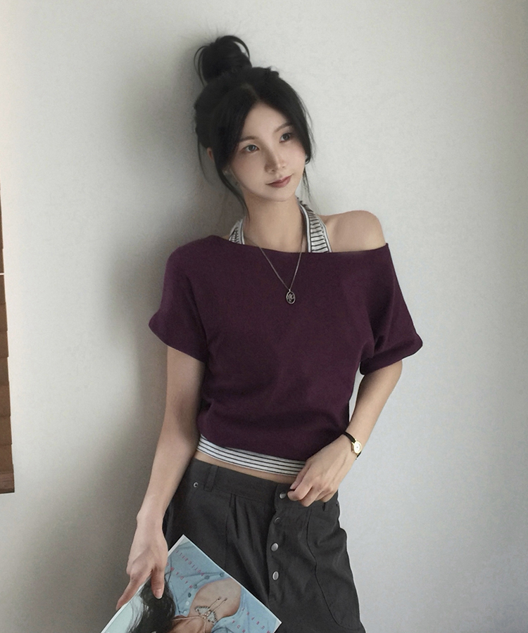 원오프 여리핏 홀터 레이어드 와플 반팔티 4color 퍼플(스트라이프)