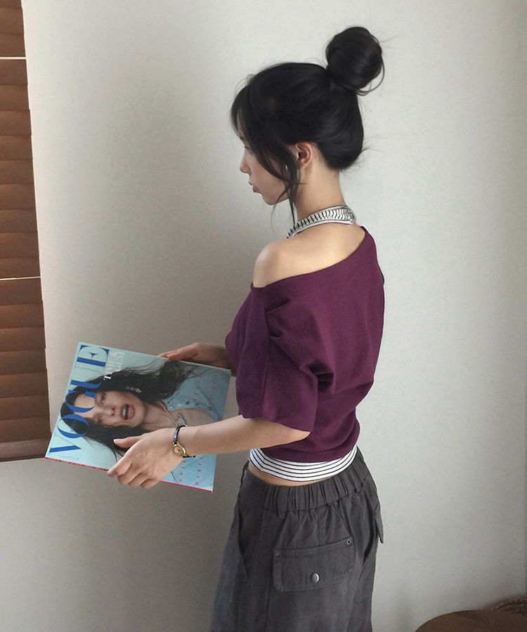 원오프 여리핏 홀터 레이어드 와플 반팔티 4color 퍼플(스트라이프)