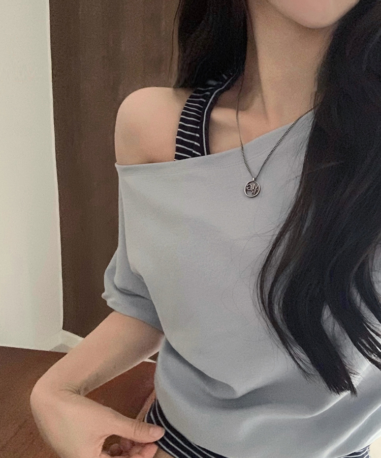 원오프 여리핏 홀터 레이어드 와플 반팔티 4color 소라(스트라이프)