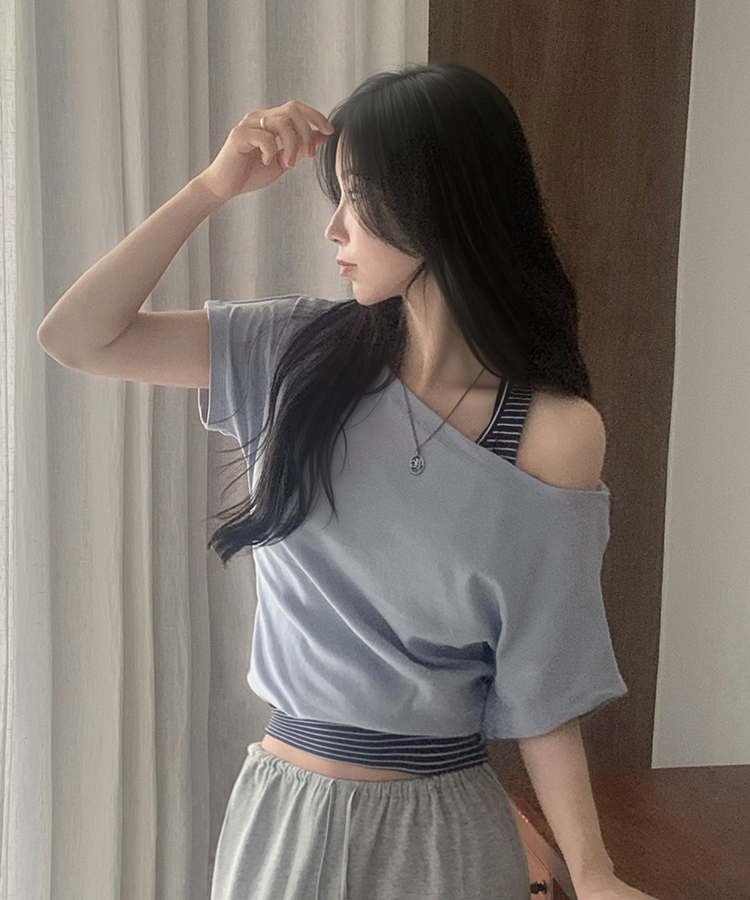 원오프 여리핏 홀터 레이어드 와플 반팔티 4color 소라(스트라이프)