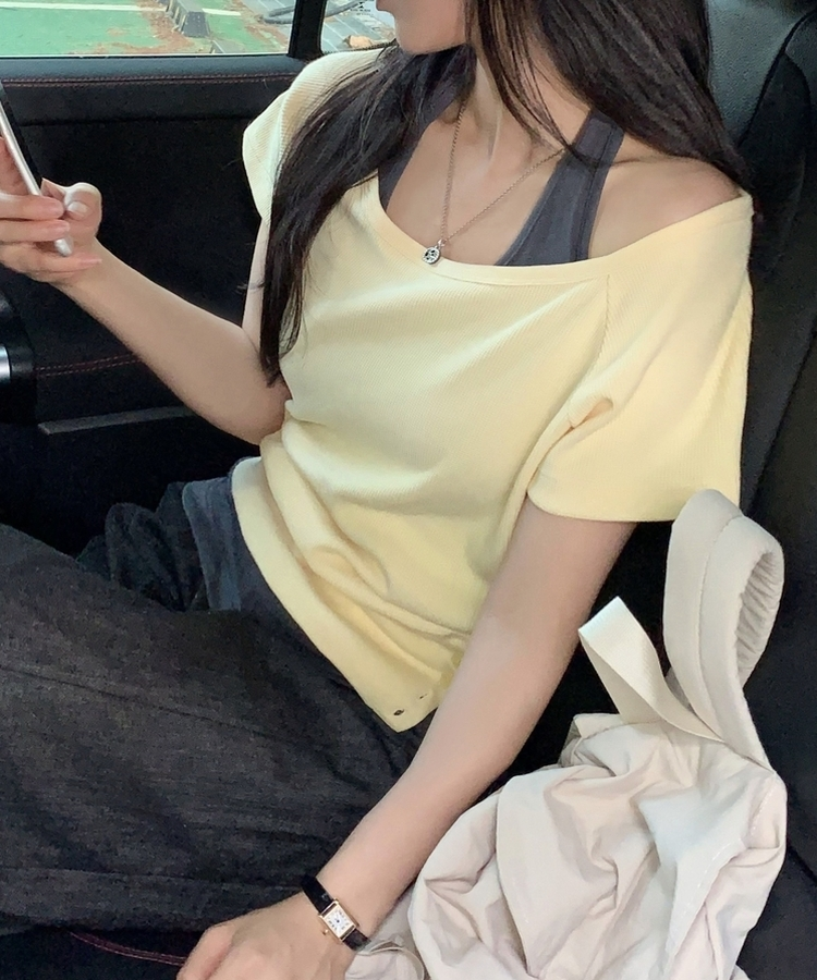 원오프 여리핏 홀터 레이어드 와플 반팔티 4color 옐로우