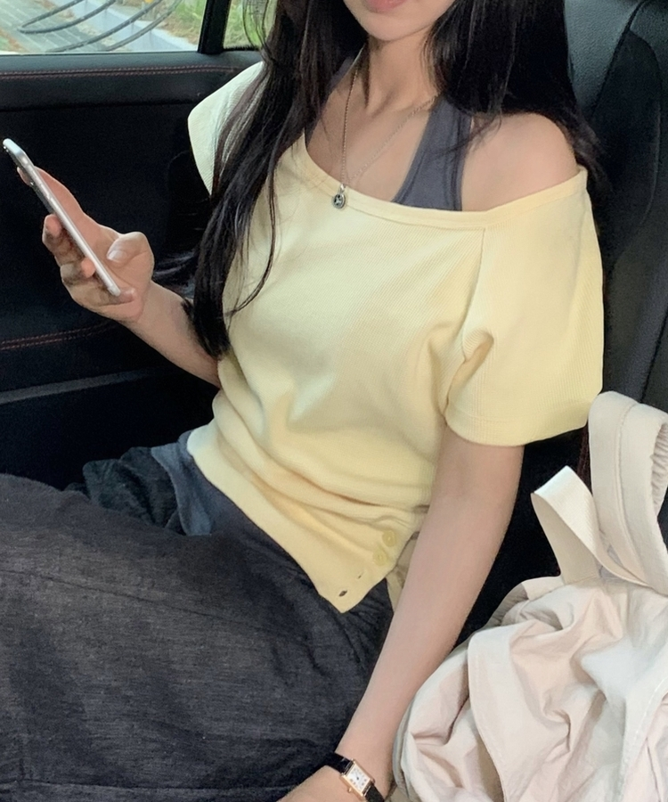 원오프 여리핏 홀터 레이어드 와플 반팔티 4color 옐로우