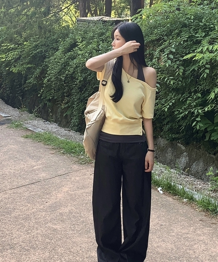 원오프 여리핏 홀터 레이어드 와플 반팔티 4color 옐로우