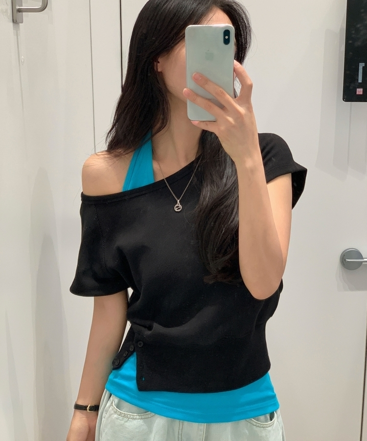 원오프 여리핏 홀터 레이어드 와플 반팔티 4color 블랙