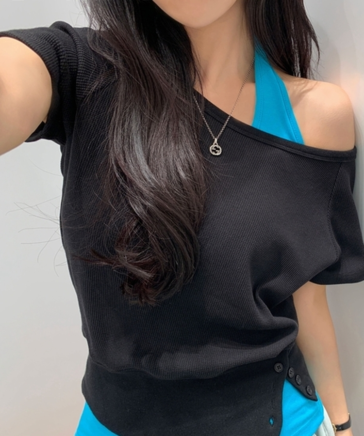원오프 여리핏 홀터 레이어드 와플 반팔티 4color 블랙