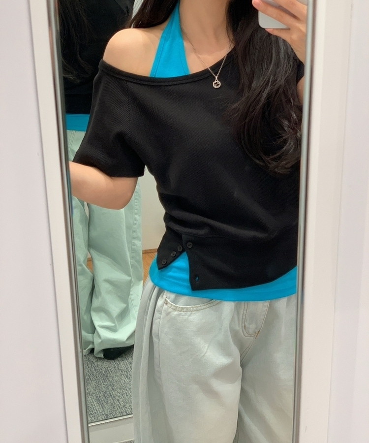 원오프 여리핏 홀터 레이어드 와플 반팔티 4color 블랙