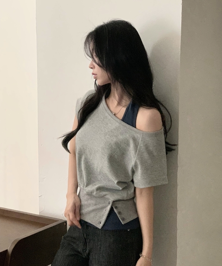원오프 여리핏 홀터 레이어드 와플 반팔티 4color 그레이