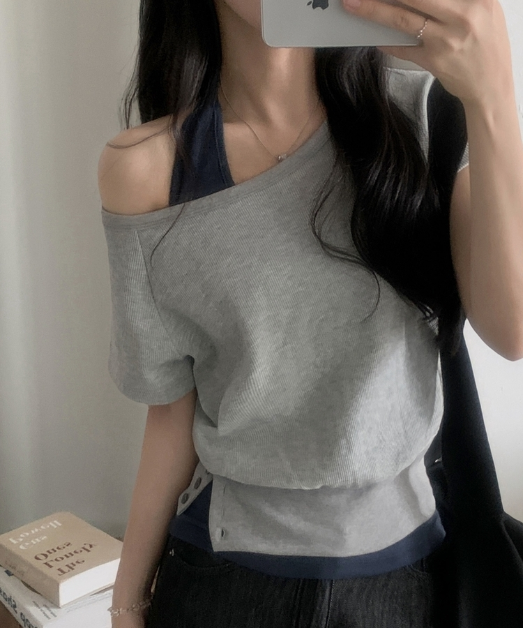 원오프 여리핏 홀터 레이어드 와플 반팔티 4color 그레이