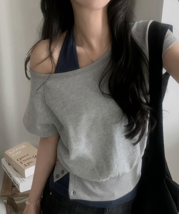 원오프 여리핏 홀터 레이어드 와플 반팔티 4color 그레이