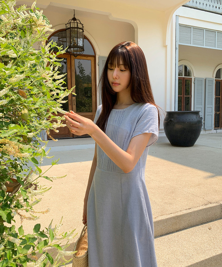 ストライプピンタック半袖ワンピース｜ロングワンピース｜韓国