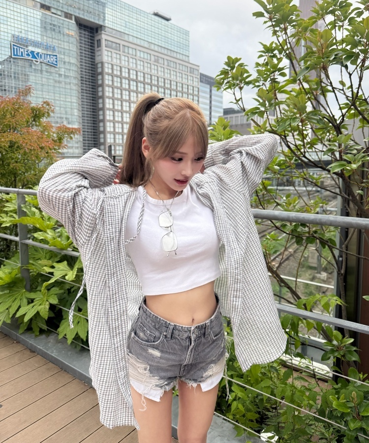 체크 후드 오버핏 셔츠 그레이