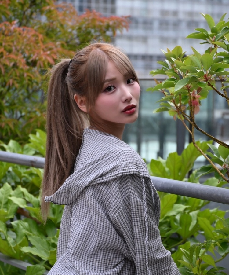 체크 후드 오버핏 셔츠 그레이