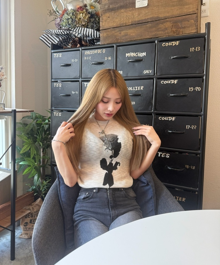 빈티지 로즈 골지 니트탑 아이보리