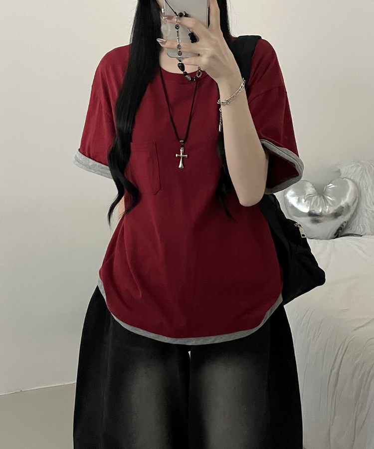포켓더블배색레이어드라운드박스핏반팔티 버건디