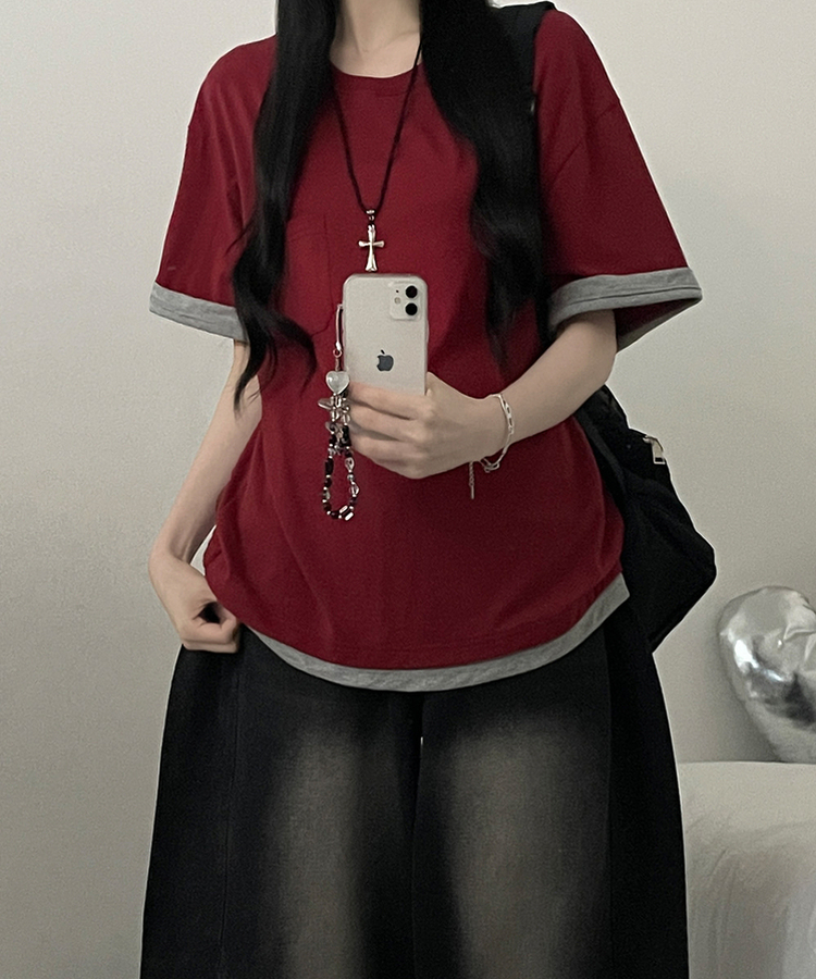 포켓더블배색레이어드라운드박스핏반팔티 버건디