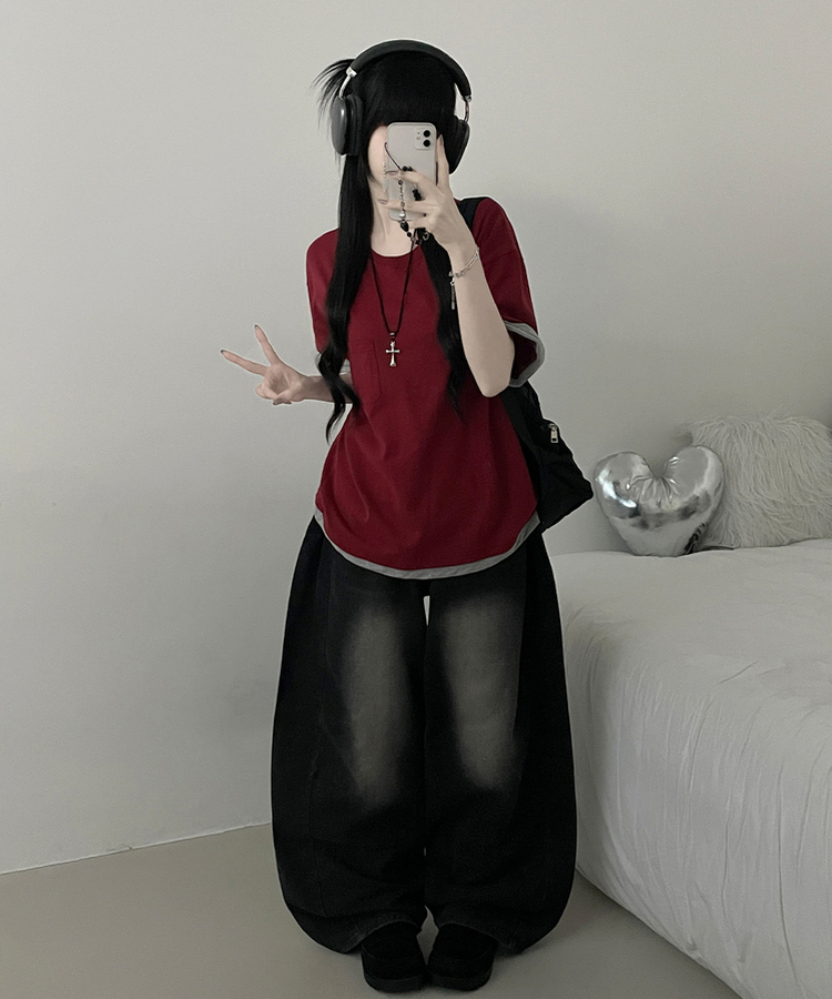 포켓더블배색레이어드라운드박스핏반팔티 버건디