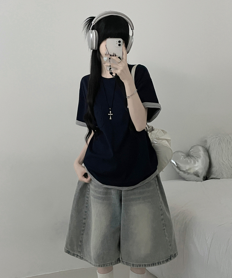 포켓더블배색레이어드라운드박스핏반팔티 네이비
