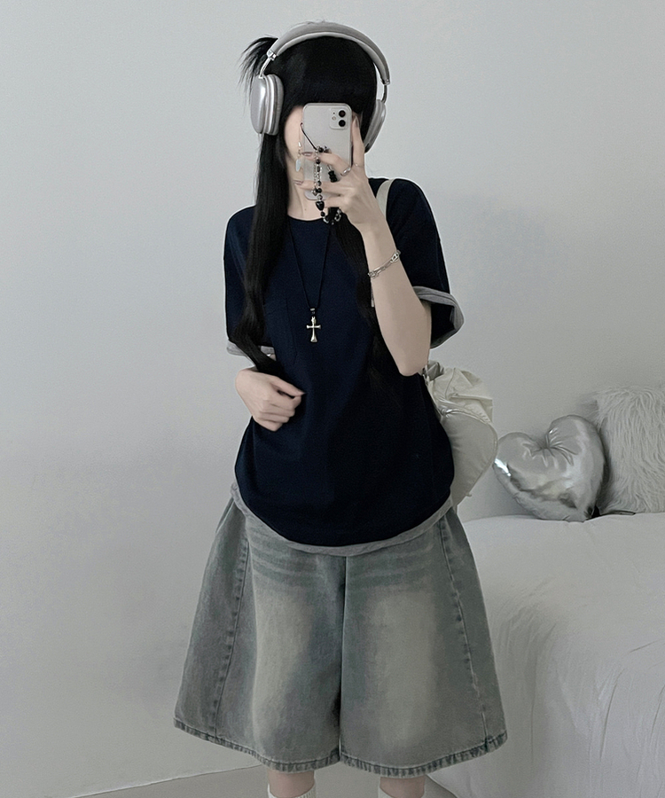 포켓더블배색레이어드라운드박스핏반팔티 네이비
