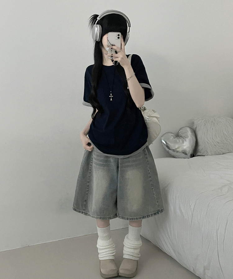 포켓더블배색레이어드라운드박스핏반팔티 네이비