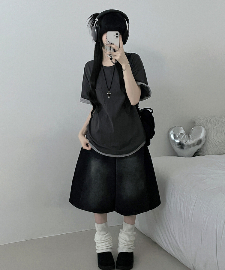 포켓더블배색레이어드라운드박스핏반팔티 먹색